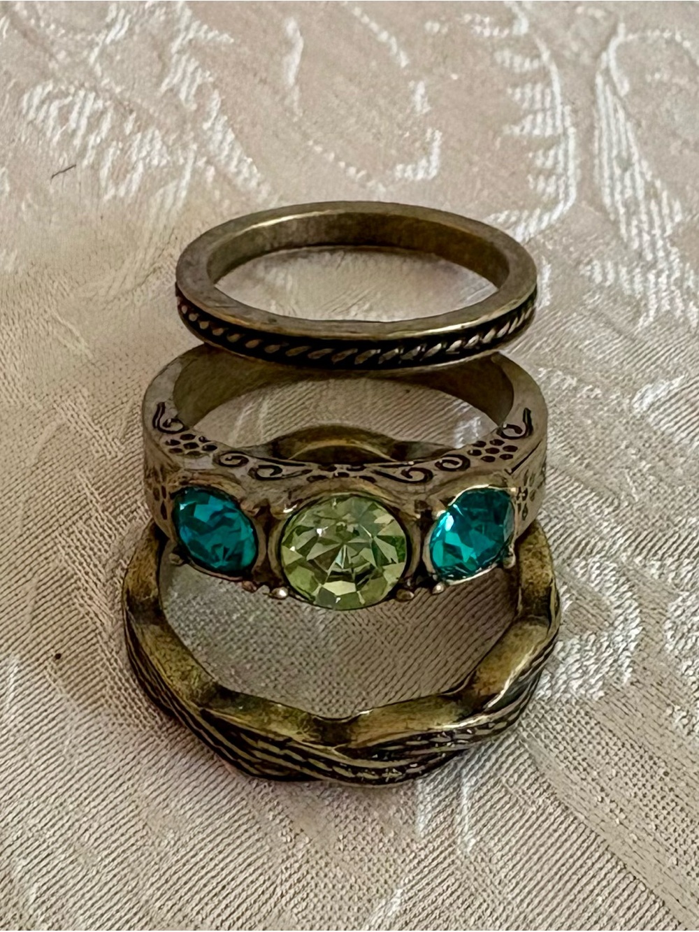 Avon Blue Paradise Antique Brass Green and Teal Crystal Stackable Ring Set NIB